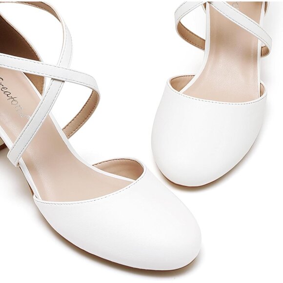Women's White Synthetic Round Toe Cross Strap Low Block Heeled Dress Pumps - Picture 4 of 6